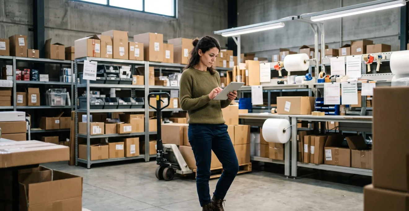 E-commerce manager reviewing SMS campaign statistics on tablet in warehouse logistics area