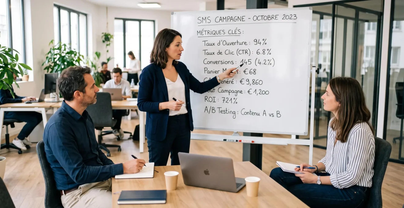 Marketing manager presenting SMS campaign metrics on whiteboard to colleagues in modern French office