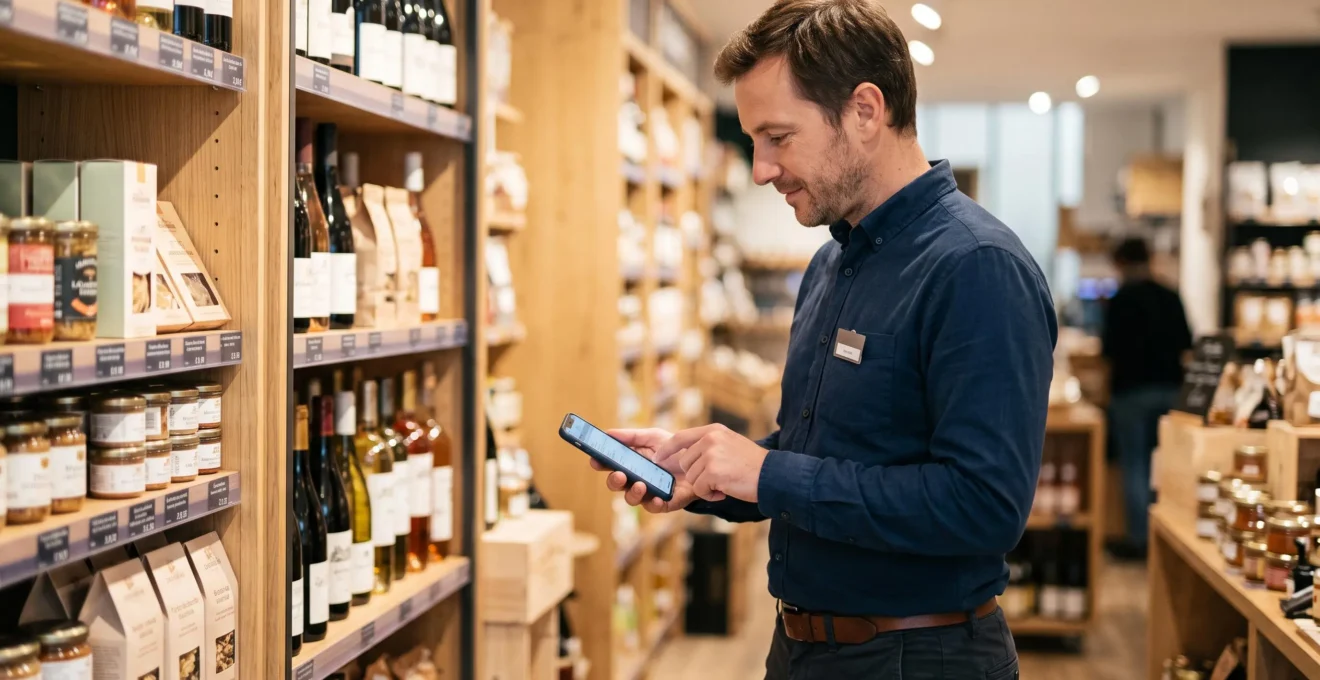 Retail manager using smartphone to manage SMS campaign inside French store