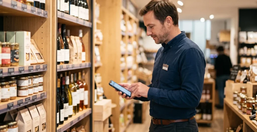 Retail manager using smartphone to manage SMS campaign inside French store Retail manager using smartphone to manage SMS campaign inside French store